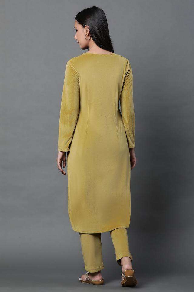 Solid-Knee-Length-Polyester-Women-s-Kurta-Set