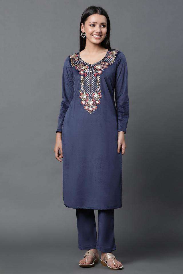 Embroidered-Knee-Length-Polyester-Knitted-Women-s-Kurta-Set
