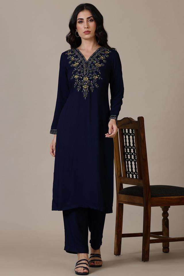 Solid-Ankle-Length-Acrylic-Blend-Woven-Women-s-Kurta-Set