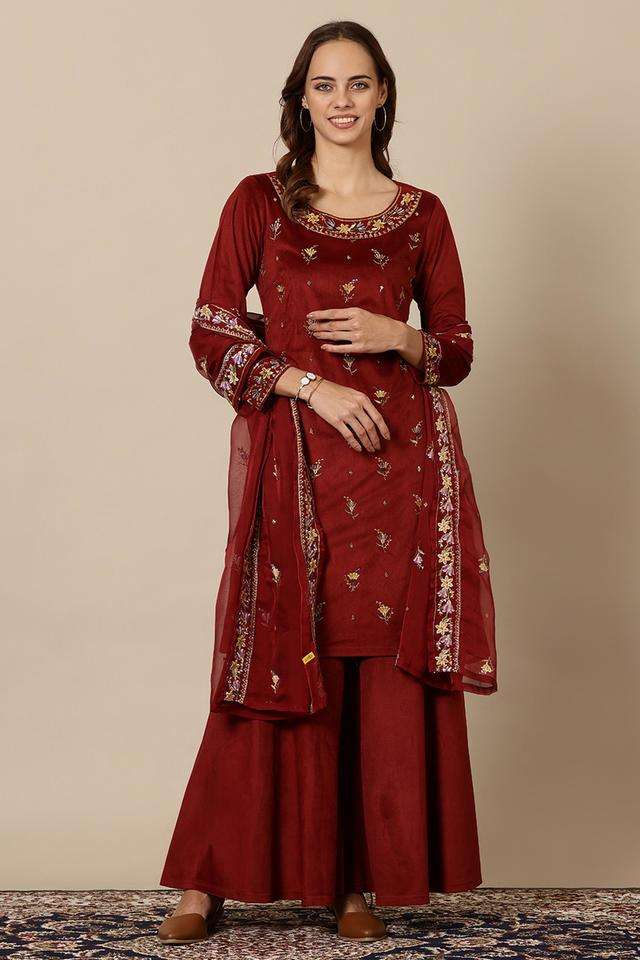 Solid-Ankle-Length-Polyester-Knitted-Women-s-Kurta-Set