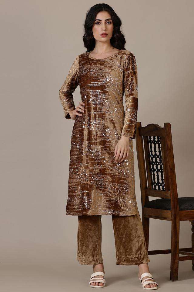 Solid-Ankle-Length-Polyester-Knitted-Women-s-Kurta-Set