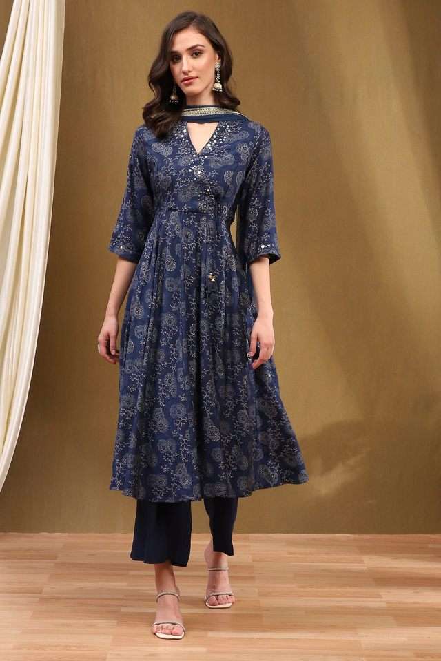 Printed-Rayon-V-Neck-Women-s-Kurta-Set