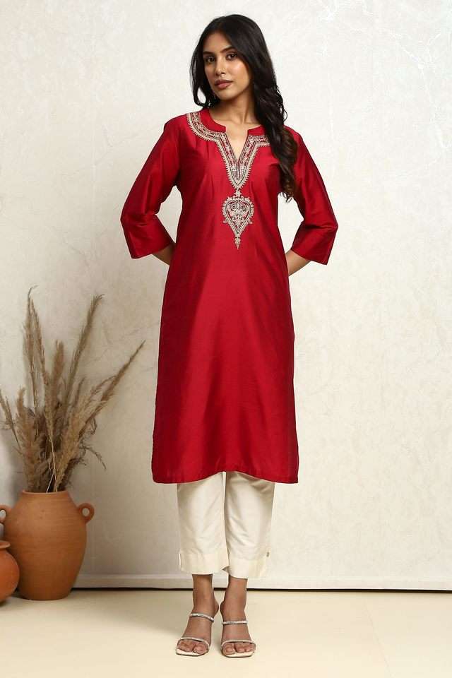 Yarn-Dyed-Polyester-Round-Neck-Women-s-Kurta