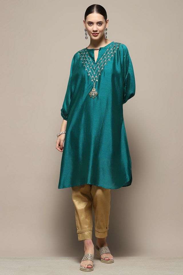 Yarn-Dyed-Polyester-Round-Neck-Women-s-Festive-Wear-Kurta