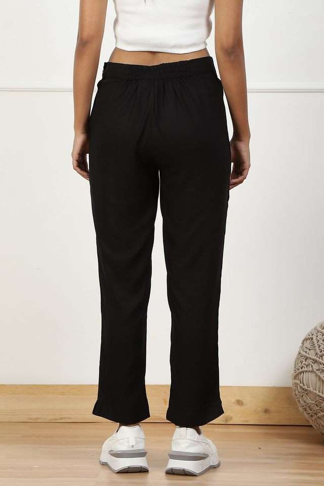 Buy Biba Black Solid Cotton Blend Slim Fit Women's Pants