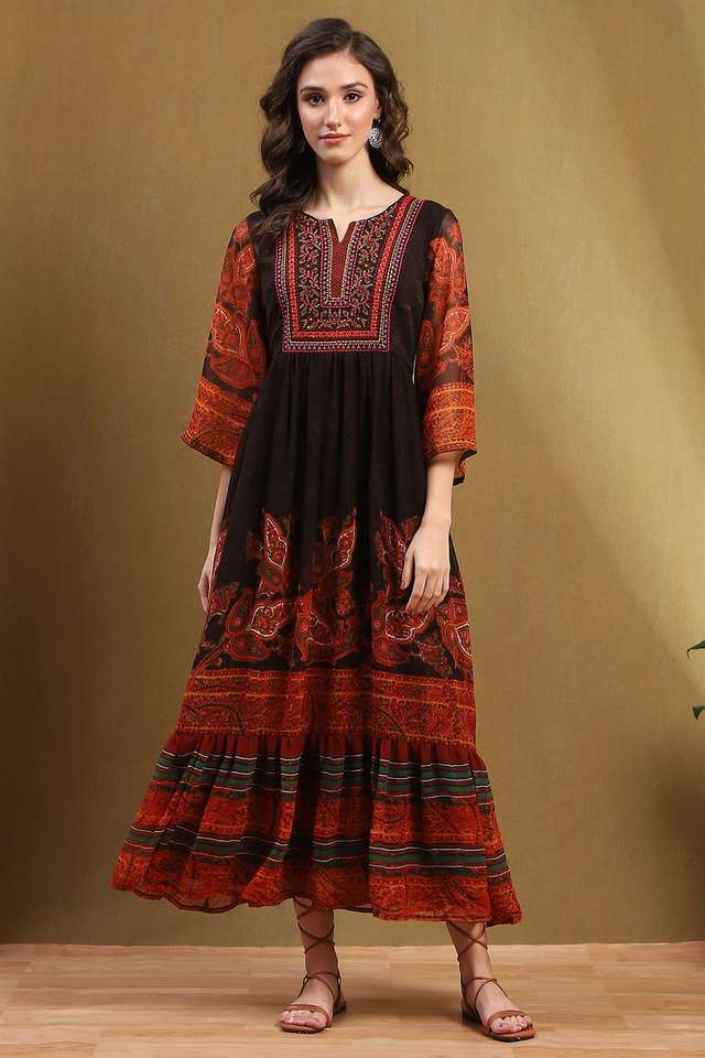 Printed-Round-Neck-Polyester-Women-s-Full-Length-Dress