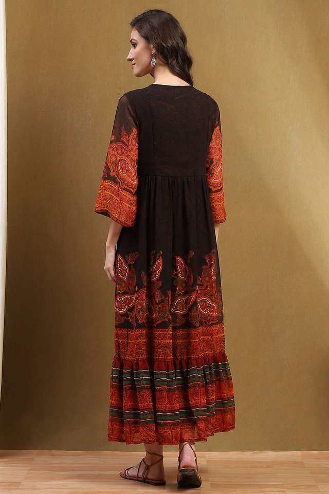 Printed-Round-Neck-Polyester-Women-s-Full-Length-Dress