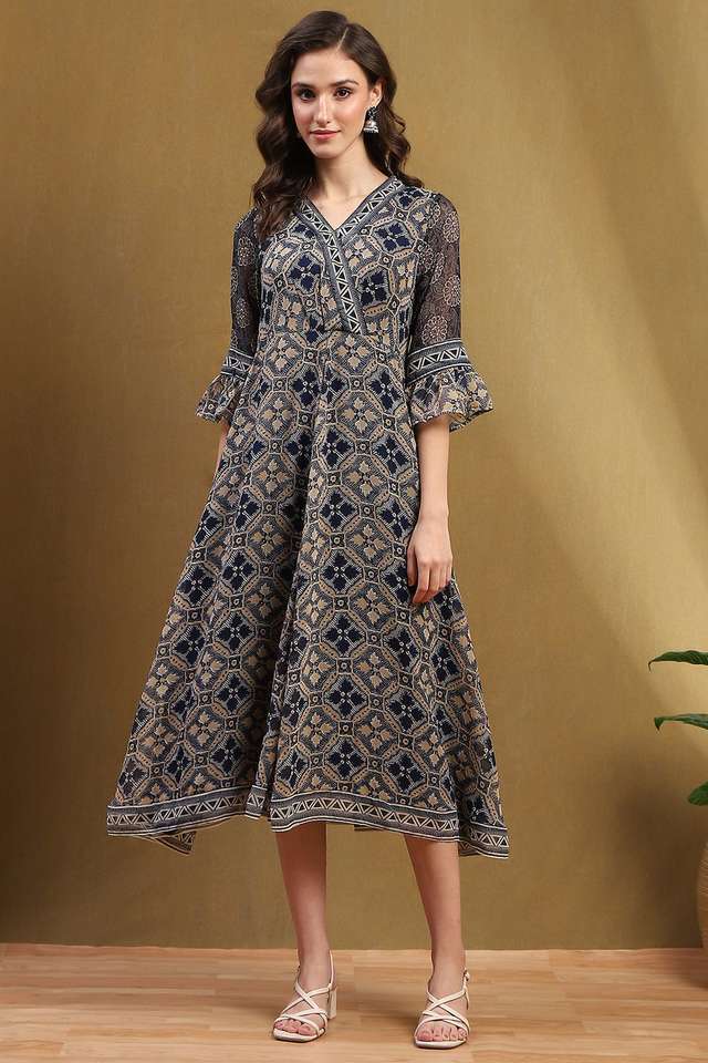 Printed-V-Neck-Polyester-Women-s-Full-Length-Dress