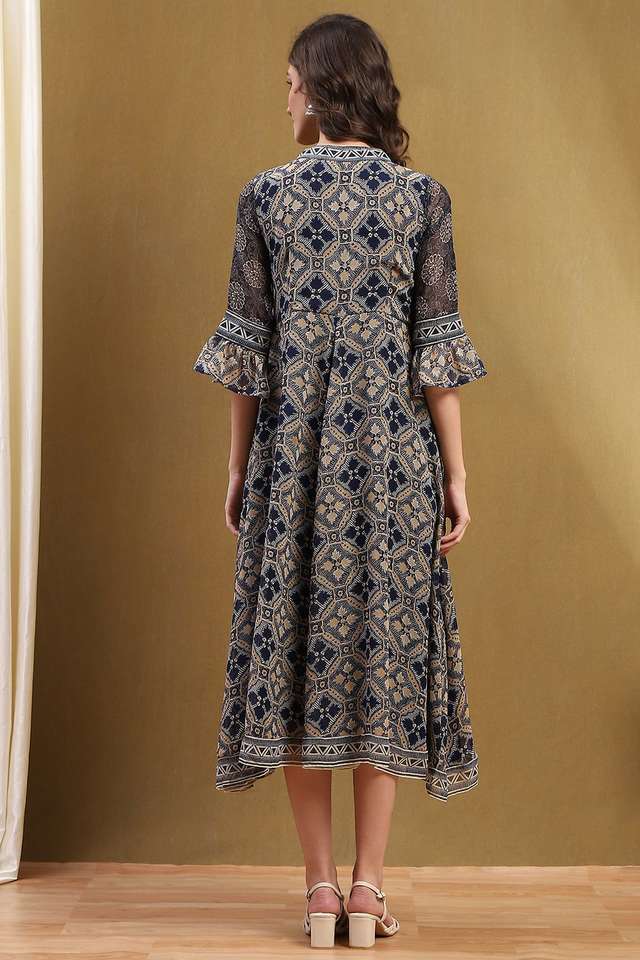 Printed-V-Neck-Polyester-Women-s-Full-Length-Dress