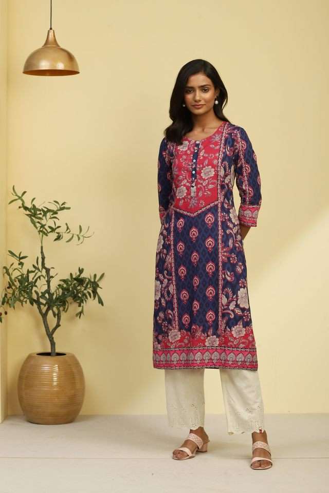 Printed-Chambray-Round-Neck-Women-s-Kurta