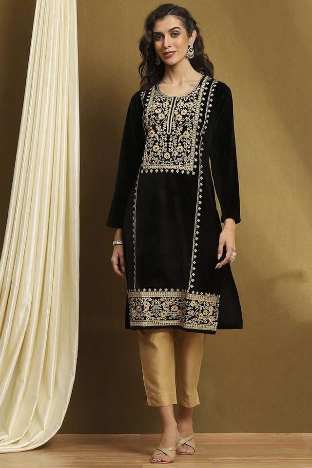 Solid-Polyester-Round-Neck-Women-s-Kurta