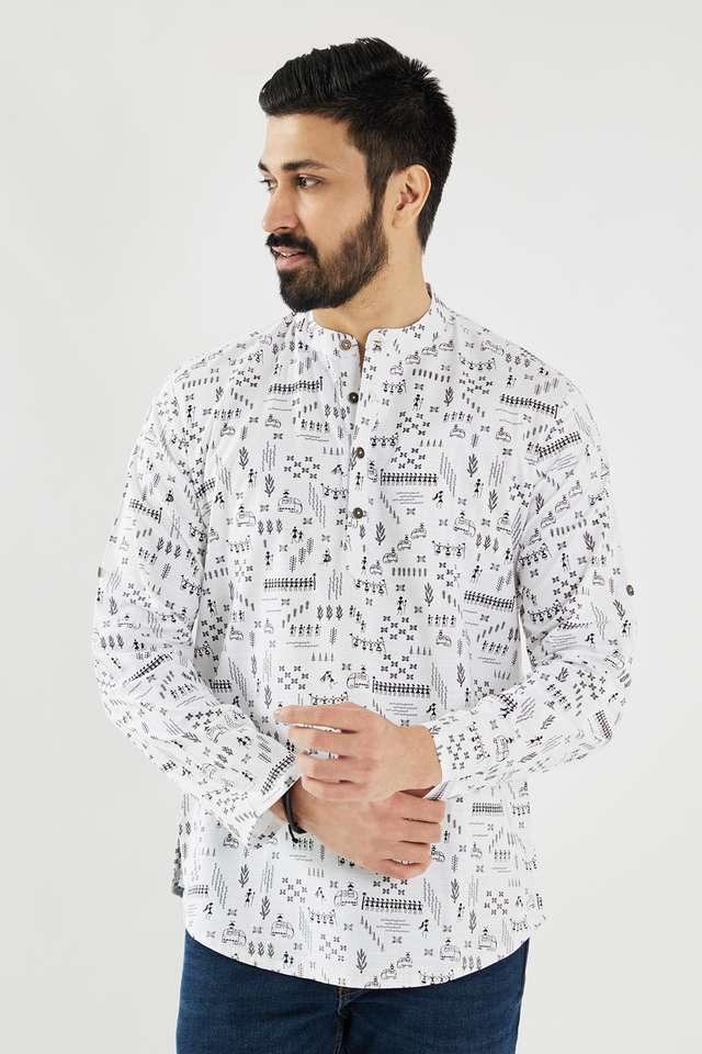 Printed-Cotton-Blend-Collared-Men-s-Casual-Wear-Short-Kurta
