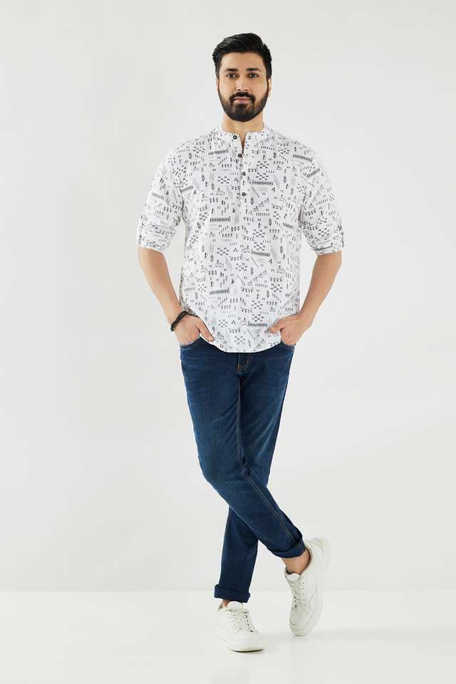 Printed-Cotton-Blend-Collared-Men-s-Casual-Wear-Short-Kurta