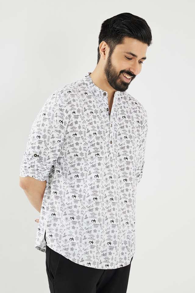 Printed-Cotton-Blend-Collared-Men-s-Casual-Wear-Short-Kurta