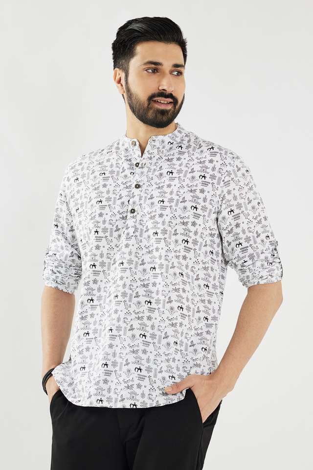 Printed-Cotton-Blend-Collared-Men-s-Casual-Wear-Short-Kurta