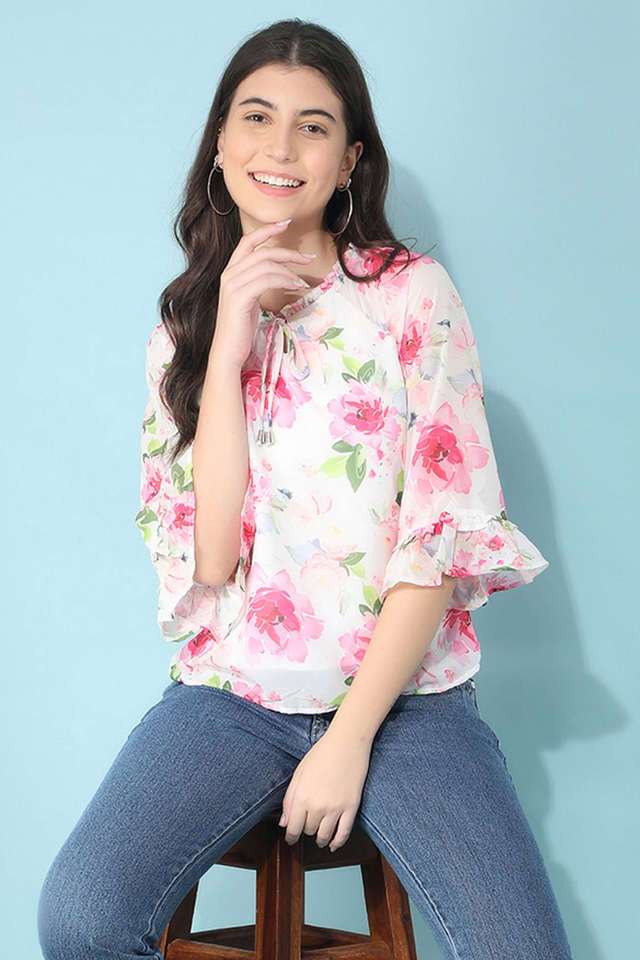 crimsoune club Floral Polyester Tie Up Neck Women Top-picture-30
