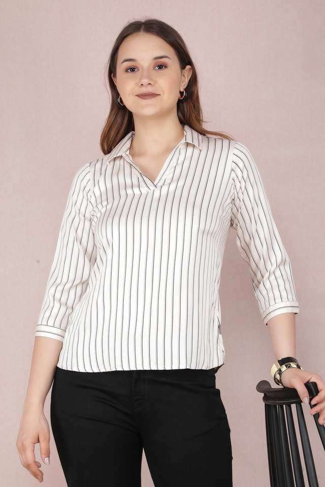 crimsoune club Stripes Viscose Collared Women Top-picture-25