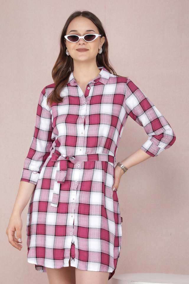 crimsoune club Checks Collared Viscose Women Dress with Belt-picture-19