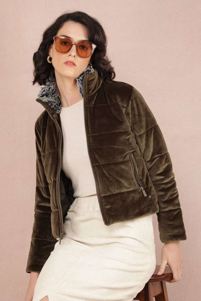 Solid-High-Neck-Polyester-Women-s-Casual-Wear-Jacket