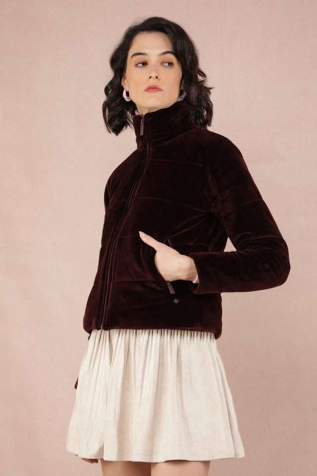 Solid-High-Neck-Polyester-Women-Jacket