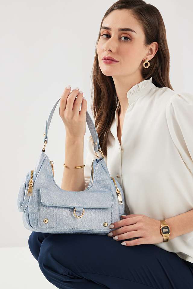 Denim-Splash-PU-Zipper-Closure-Women-s-Satchel-Bag