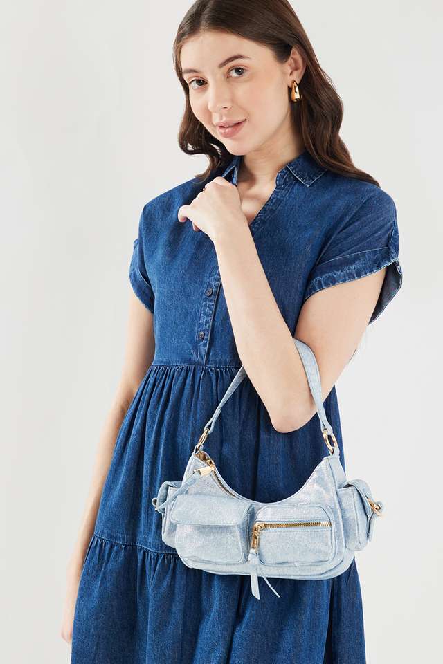 Denim-Splash-PU-Zipper-Closure-Women-s-Satchel-Bag