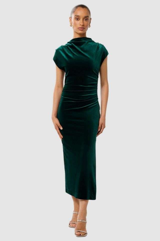 Solid-Polyester-High-Neck-Women-s-Midi-Dress