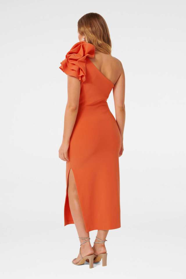 orange dress forever new Mattea One Shoulder Midi Dress