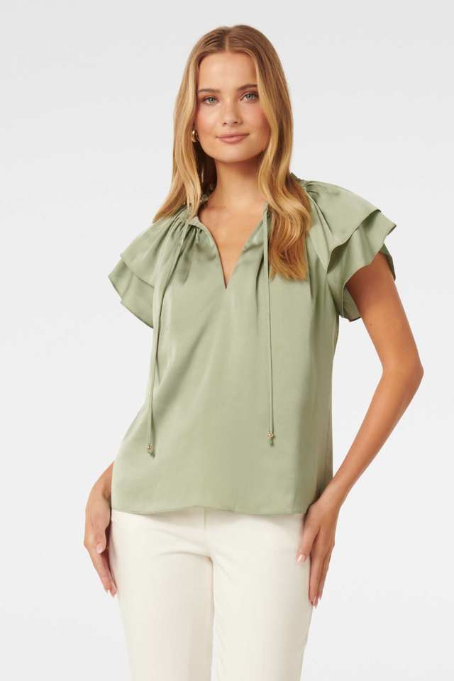 Solid-Polyester-V-Neck-Women-s-Top