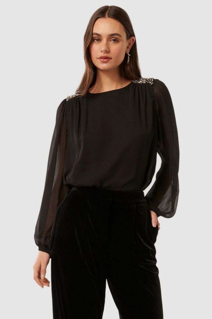 Embellished-Polyester-Boat-Neck-Women-s-Top