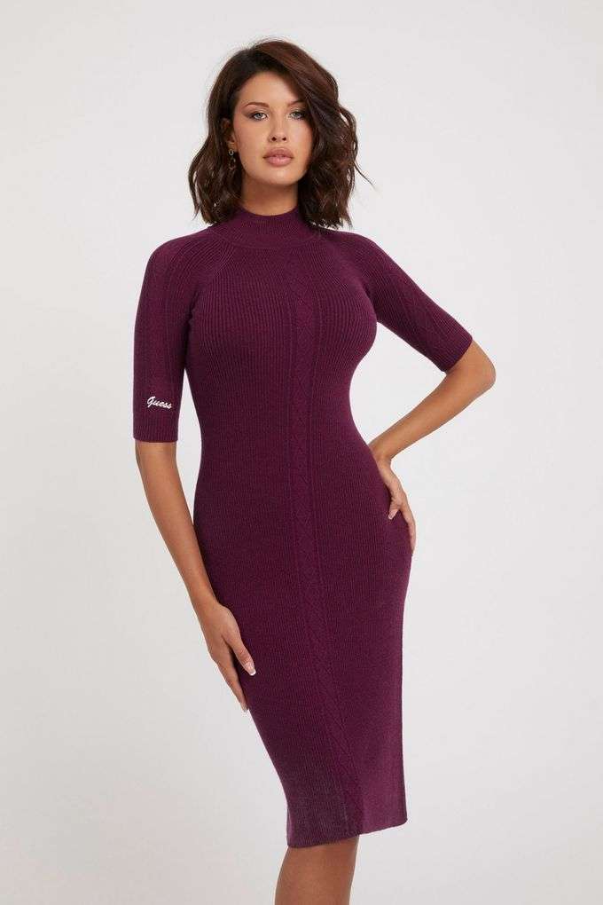 Solid-High-Neck-Blended-Fabric-Women-s-Calf-Length-Dress