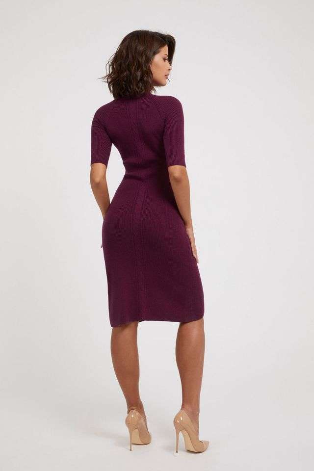 Solid-High-Neck-Blended-Fabric-Women-s-Calf-Length-Dress