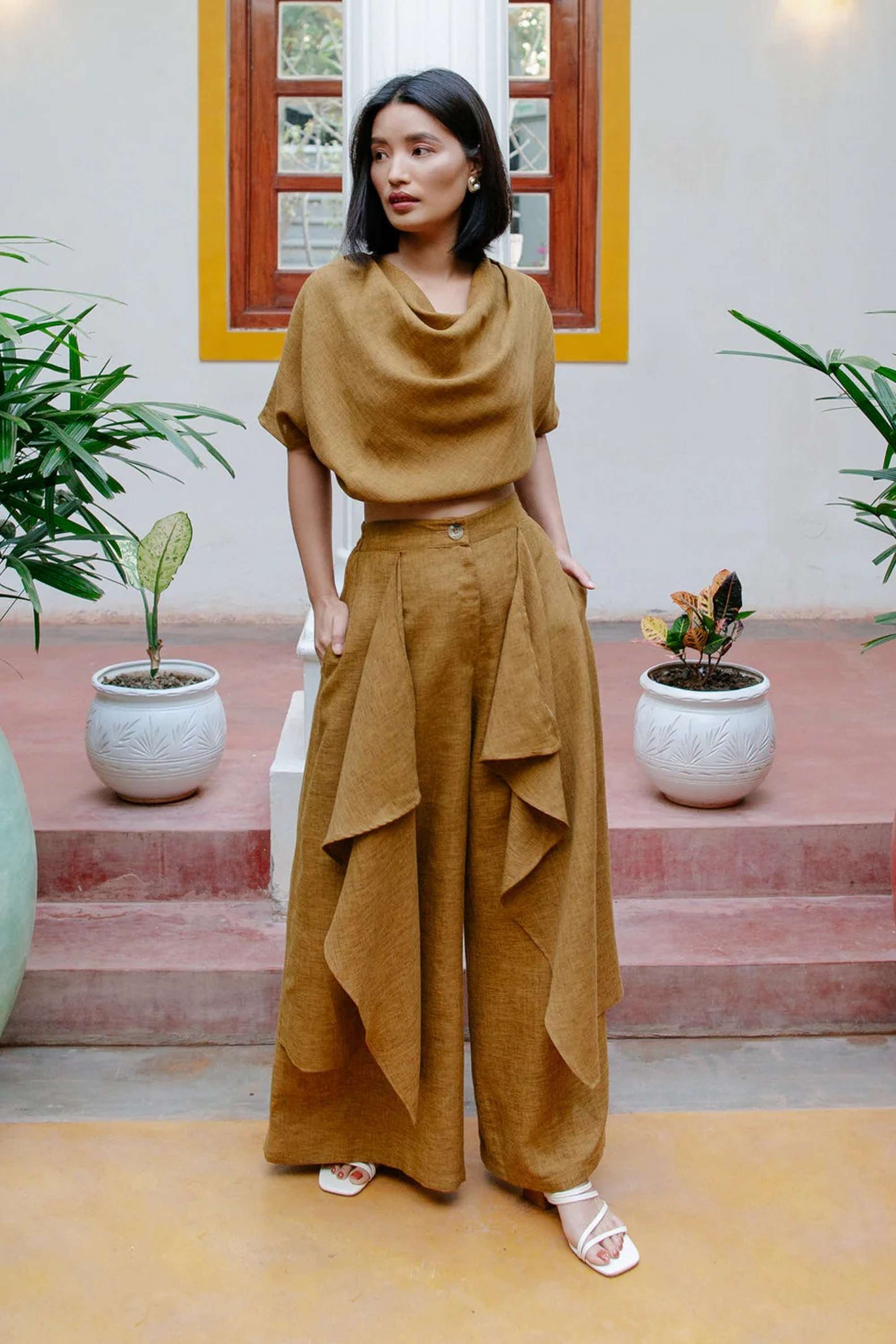 Solid-Linen-Blend-Relaxed-Fit-Women-s-Trousers