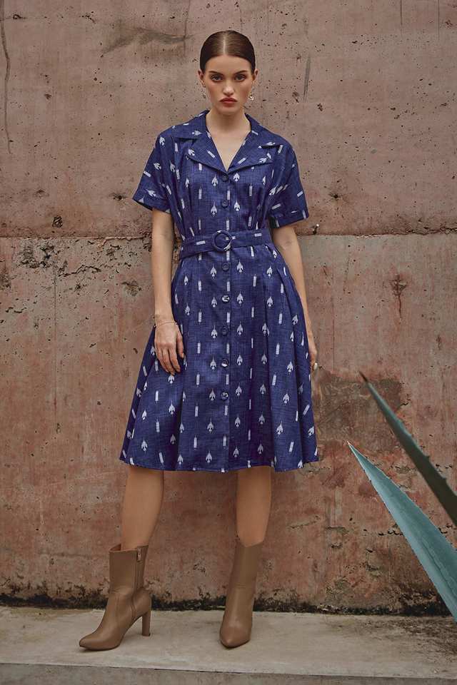 Printed-Collared-Cotton-Women-s-Knee-Length-Dress