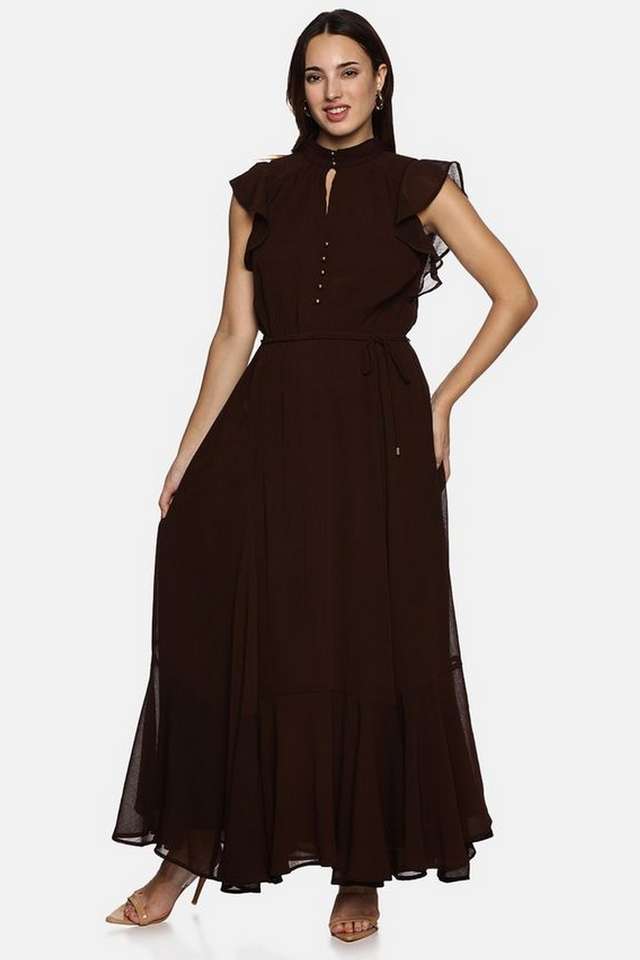 Buy IS.U Brown Floral Chiffon V-Neck Women's Maxi Dress | Shoppers Stop