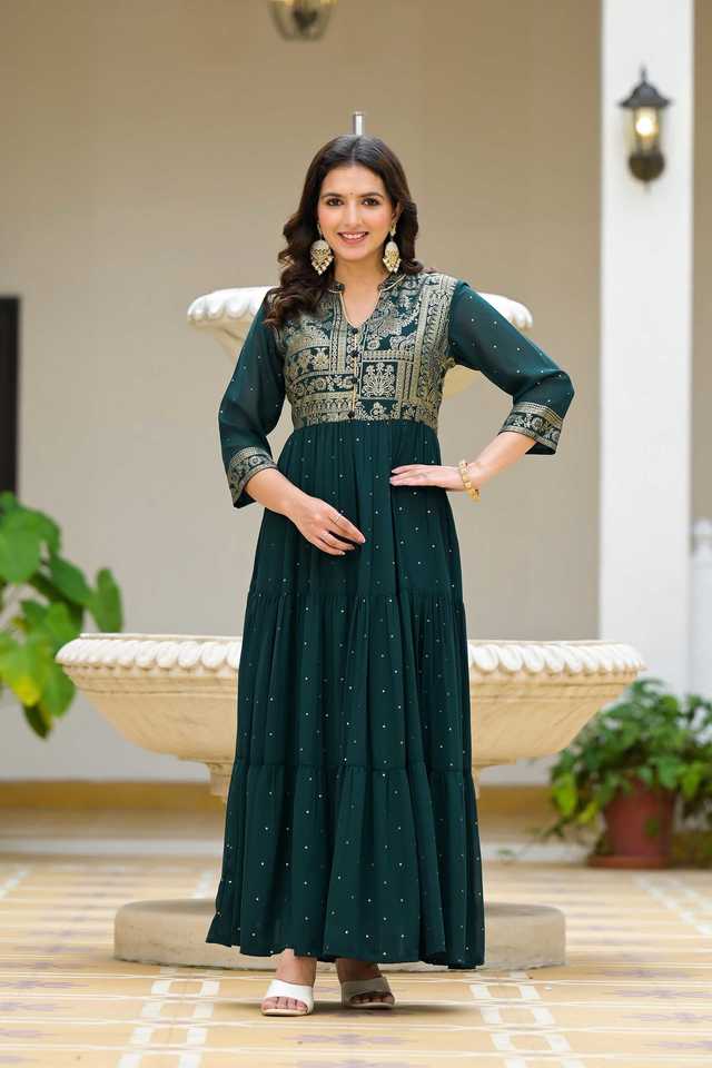 Buy Juniper green Printed Georgette V-Neck Women's Maxi Dress | Shoppers  Stop