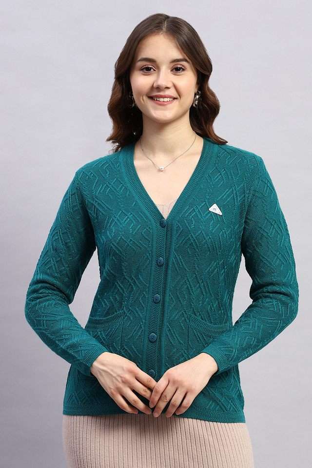 Textured-V-Neck-Blended-Fabric-Women-Cardigan