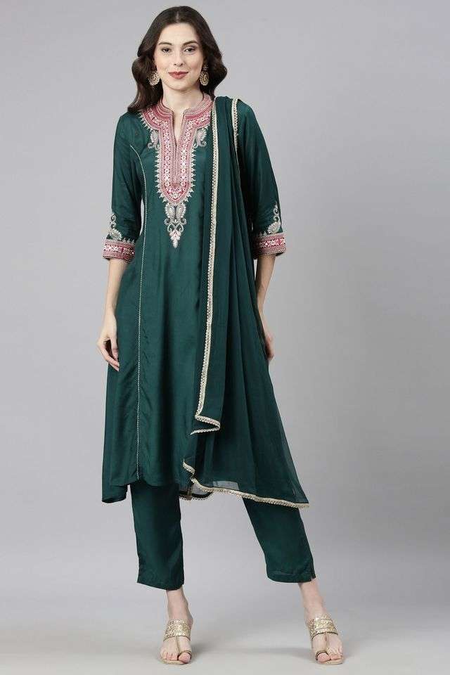 Solid-Raw-Silk-Straight-Fit-Women-s-Kurta-Pant-Dupatta-Set