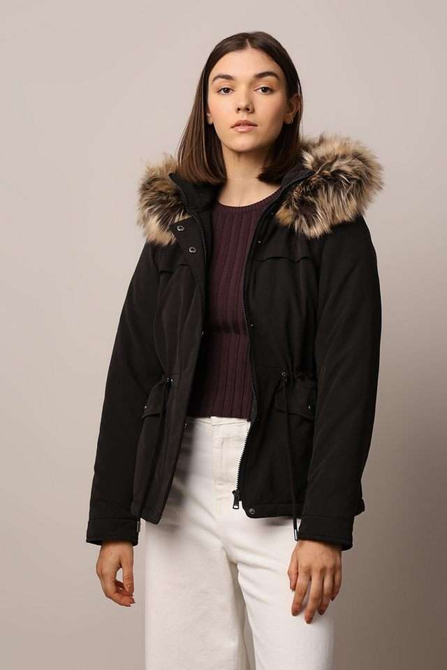 Solid-Polyester-Hooded-Women-s-Coat