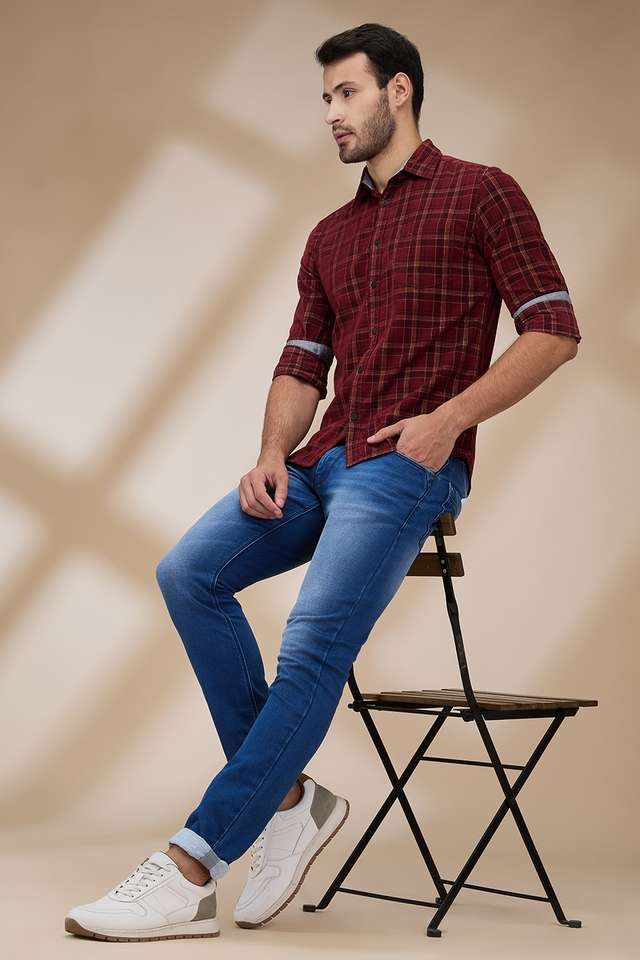 Buy PARX red Checks Cotton Slim Fit Men's Casual Wear Shirt