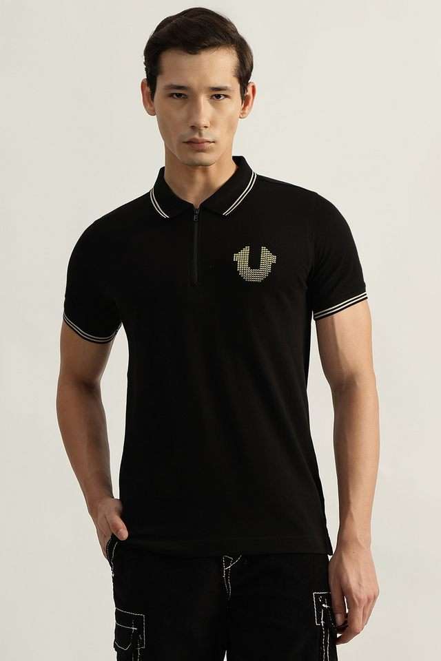 Buy True Religion Black Solid Cotton Collared Men's T-Shirt
