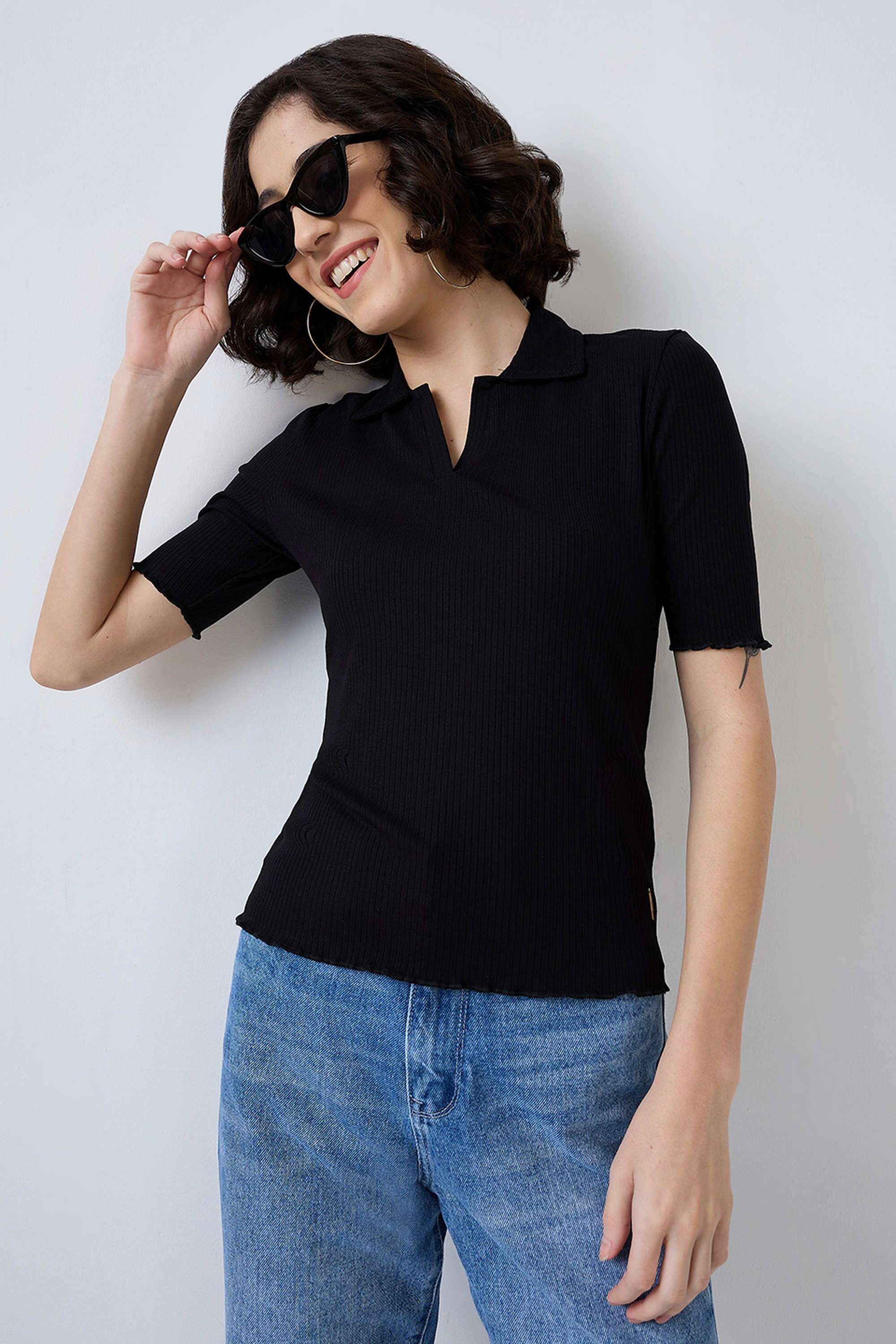 Solid-Blended-Fabric-Women-T-Shirt