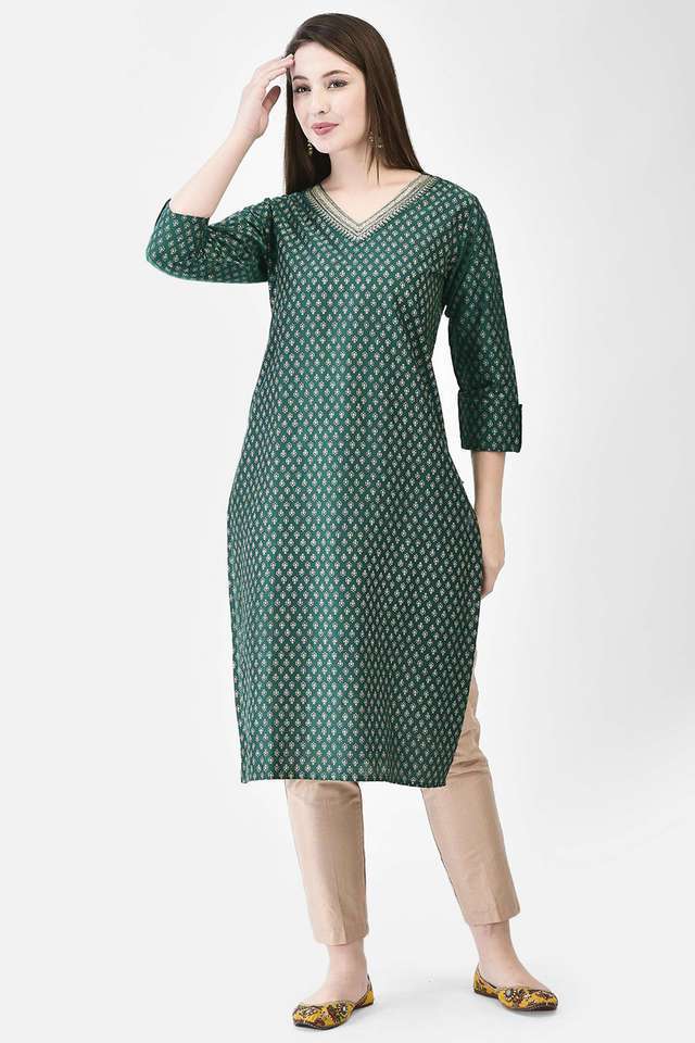 Printed-Silk-V-Neck-Women-s-Straight-Kurta