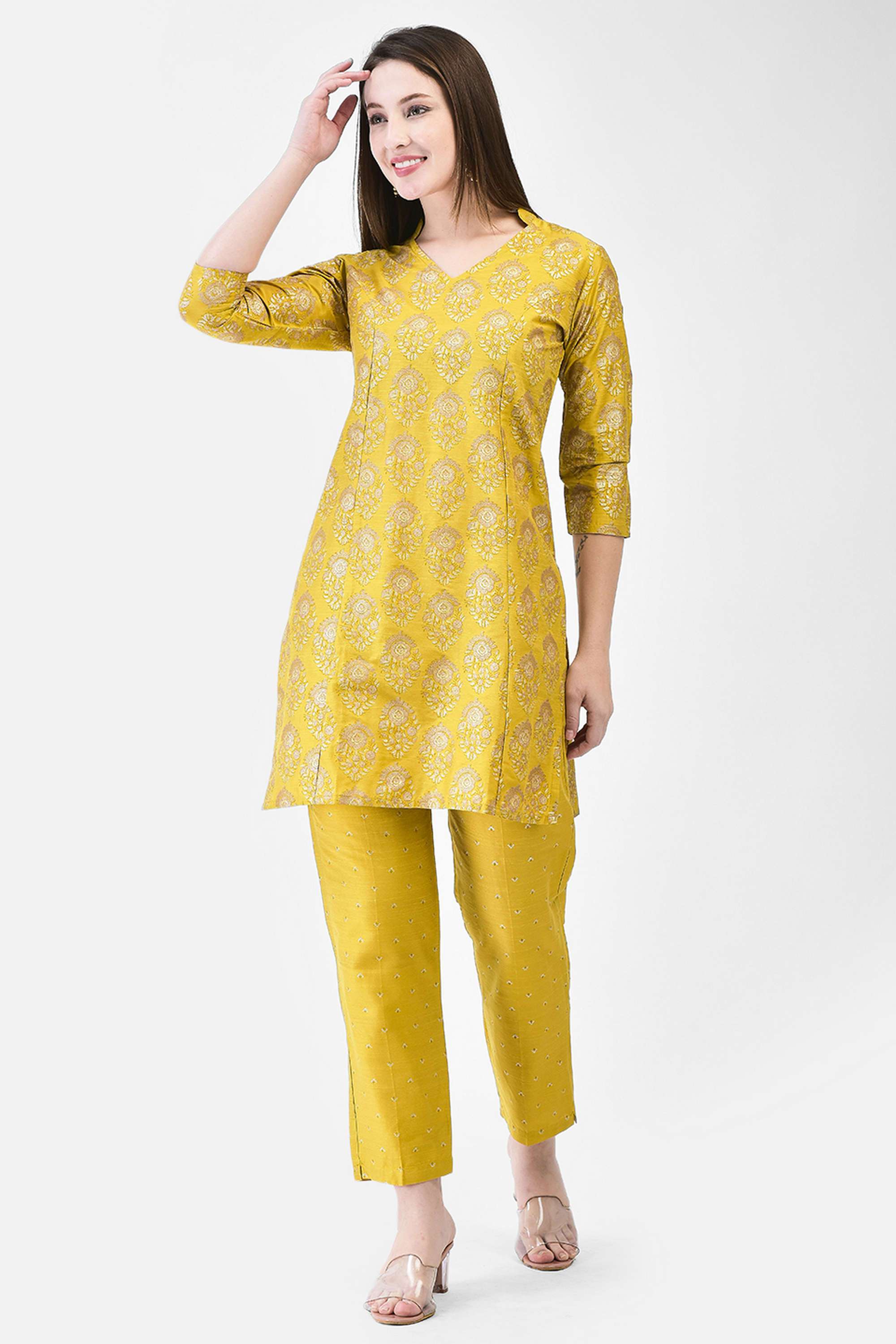 span Printed Silk Collared Women's A-line Co-Ord Set-picture-11