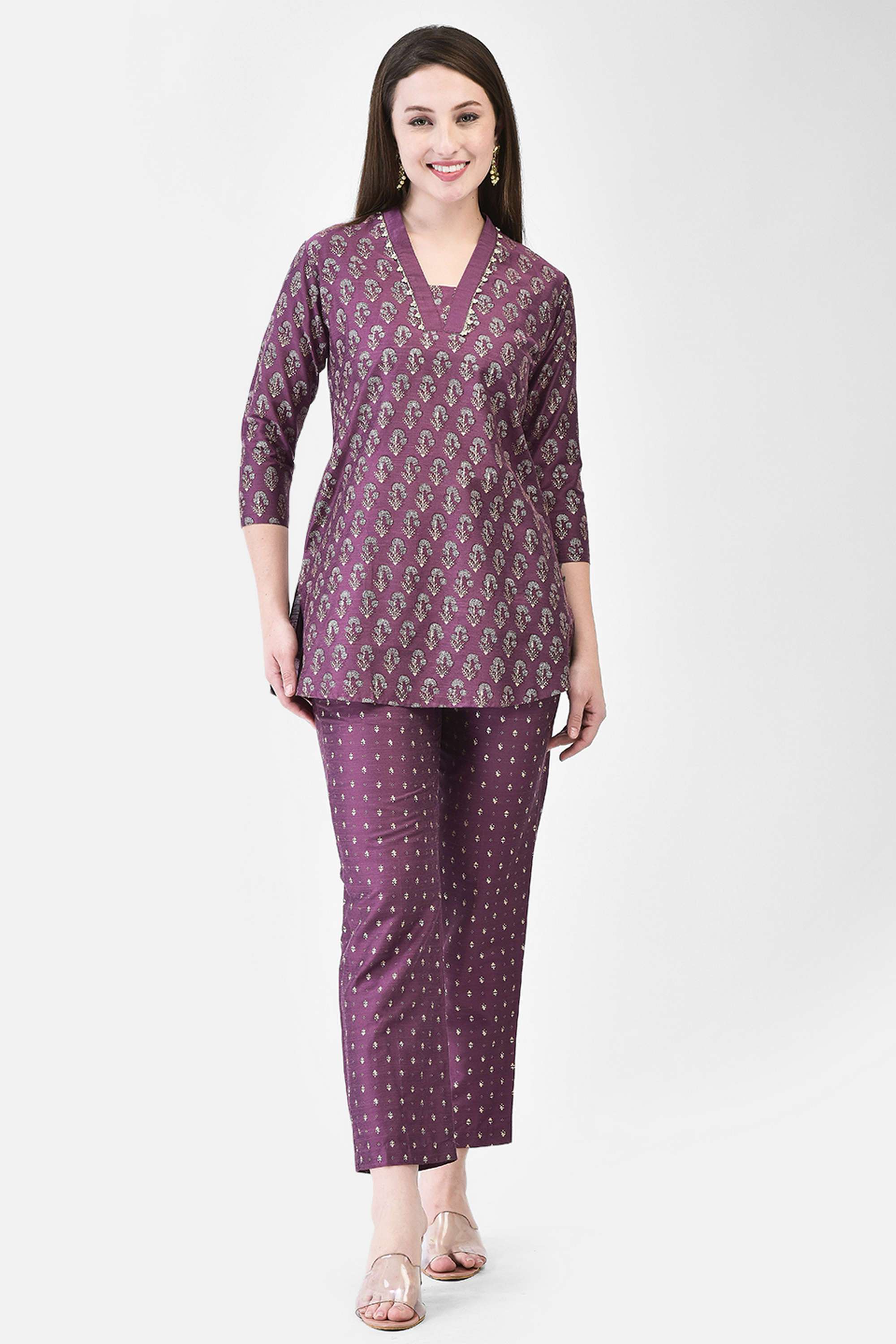 Printed-Silk-V-Neck-Women-s-Straight-Co-Ord-Set