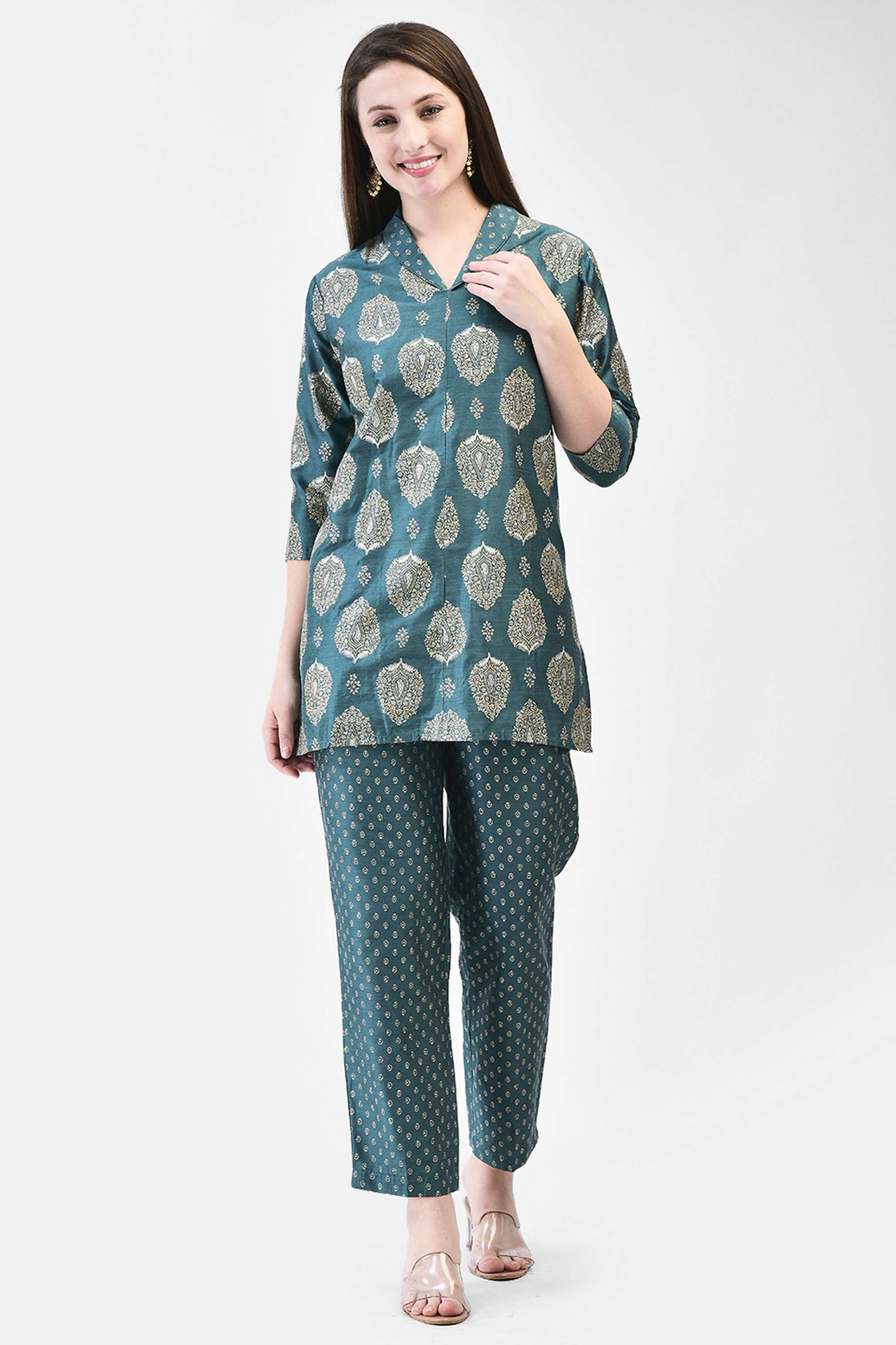 Printed-Silk-Collared-Women-s-Straight-Co-Ord-Set