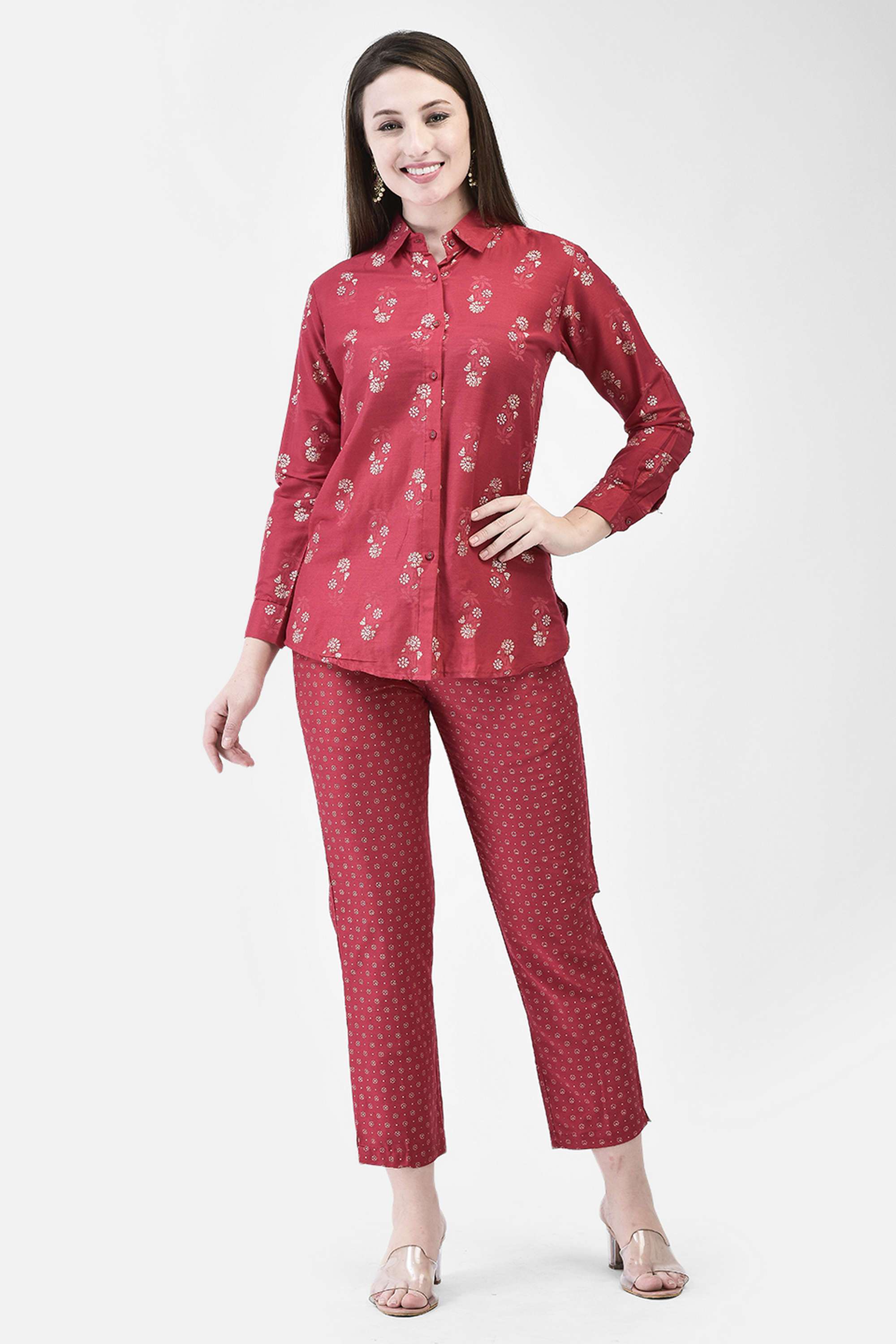 span Printed Silk Collared Women's Straight Co-Ord Set-picture-10