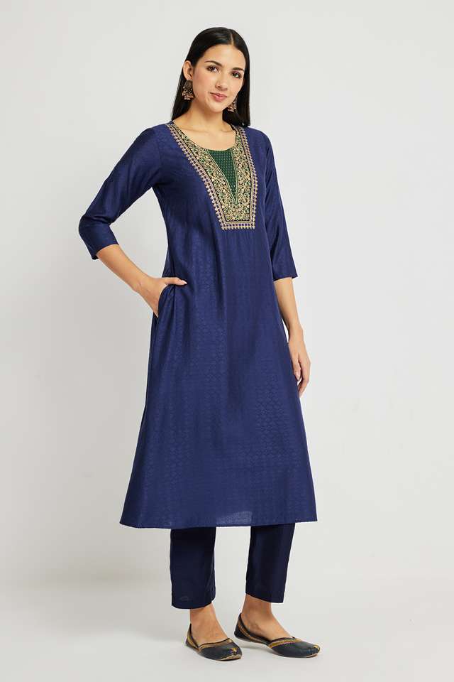 Solid-Viscose-Round-Neck-Women-s-Casual-Wear-Kurta