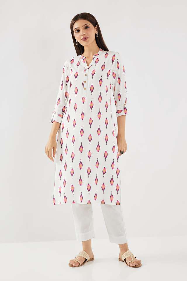 Ikkat-Rayon-Collared-Women-Fusion-Wear-Kurta