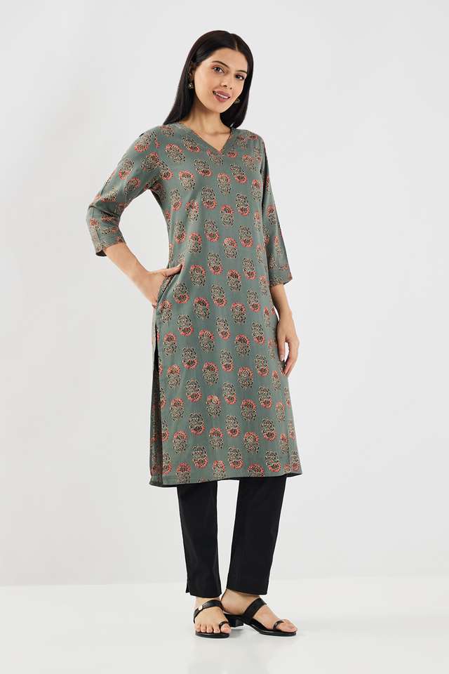 Printed-Rayon-V-Neck-Women-s-Casual-Wear-Kurta